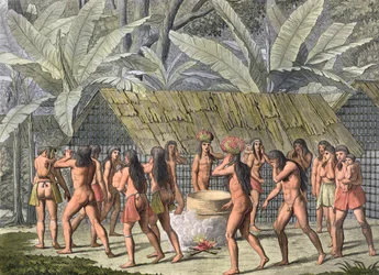 Camacani-intiaanien tanssifestivaali Brasiliassa, Jules Ferrarion julkaisusta "Le Costume Ancien et Moderne", osa I, levy 46, julkaistu 1820-30-luvulla (värikaiverrus) (katso myös 177057)
